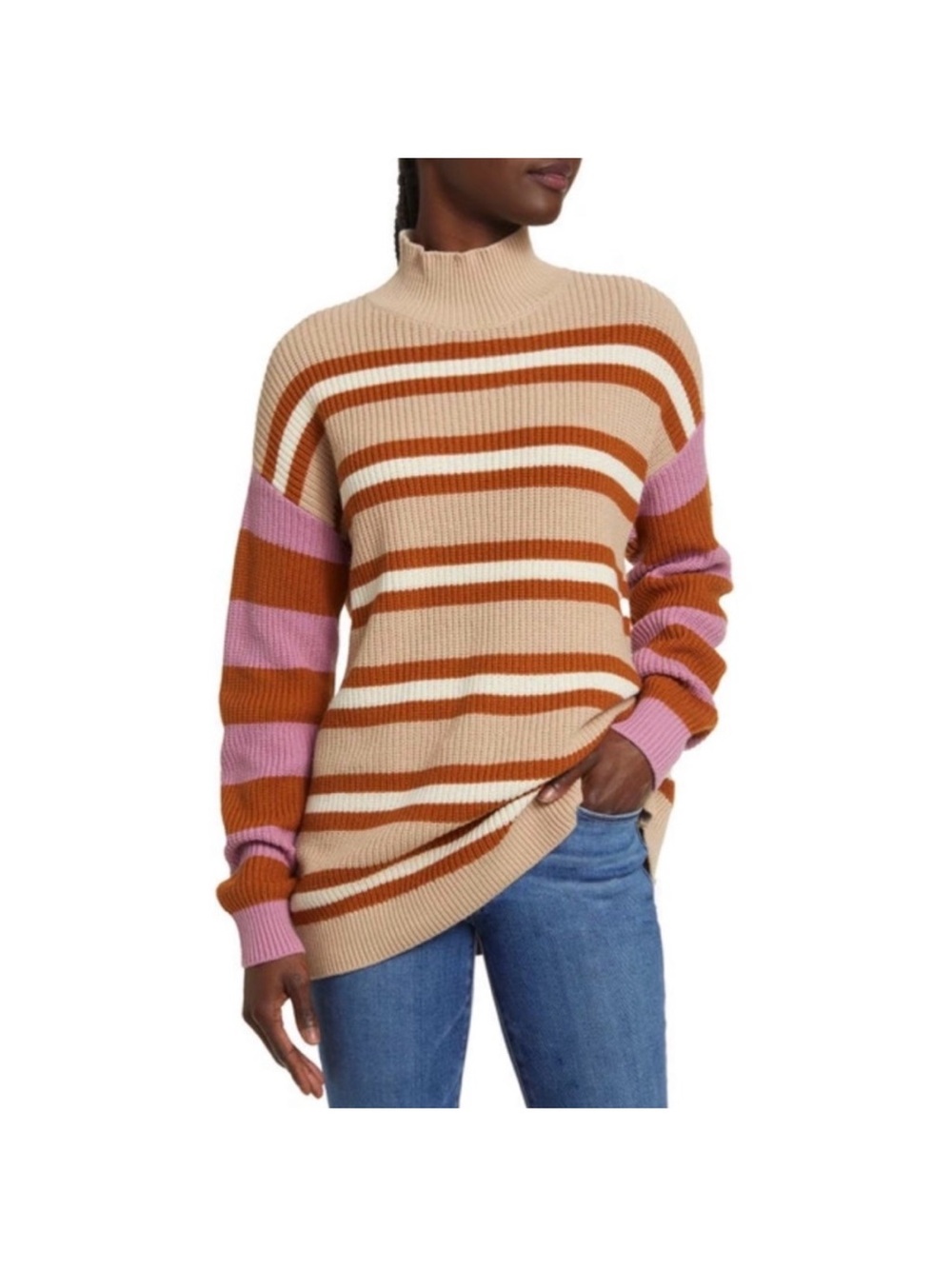 NWT Treasure & Bond Striped Mock Neck Sweater in Beige, Rust & Pink- Small